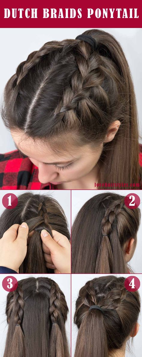 Easy Hairstyles For Medium Hair Step-by-Step ★ Ponytail Hairstyles, Ideas, Dutch Braid Ponytail, Dutch Braid Hairstyles, French Braid To Ponytail, Braided Ponytail Hairstyles, Braided Hairstyles Easy, Braided Hairstyles Tutorials, Easy Hairstyles For Thick Hair