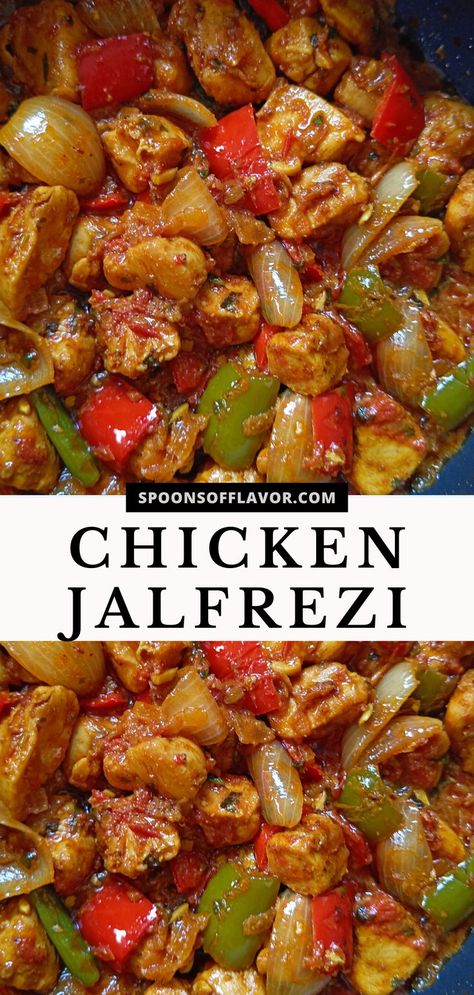 Image showing vibrant looking chicken jalfrezi in a nonstick pot. Recipes, Foods, Chicken, Indian Food Recipes, Swiss Cuisine, Food, African Safari, Flavors, Easy Chicken