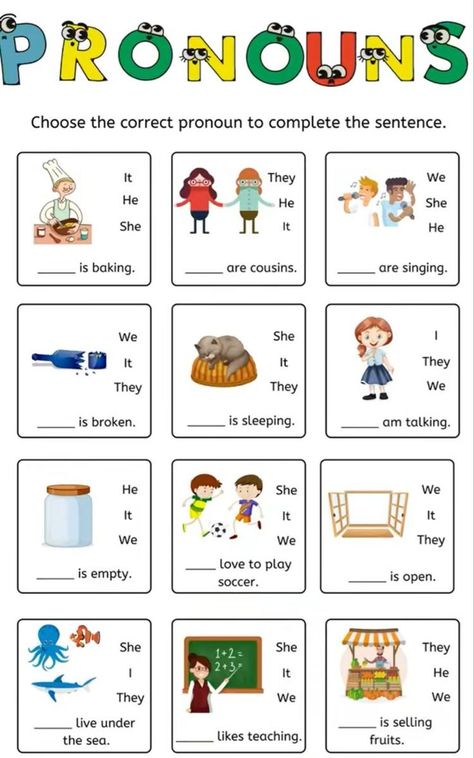 This is a fun worksheet to practice pronouns with your EFL students. Teach English To Kids, Kids English, English Lessons For Kids, English Vocabulary, Pronoun Worksheets, English For Beginners, Teaching English, English Worksheets For Kids, English Phonics