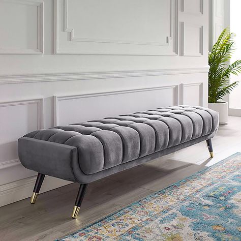 Modern Bedroom Bench Velvet Upholstered Ottoman Wood Legs Interior Design, Furniture Design, Living Room Designs, Interior, Upholstery, Interior Designing, Luxury Furniture, Interieur, Modern Grey Bedroom
