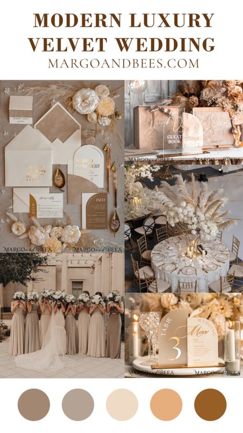 A gold and velvet beige wedding is the epitome of timeless elegance, combining opulence with understated charm. If you're captivated by the allure of this color scheme, here's a comprehensive planning guide to help you achieve the wedding of your dreams. 1. Wedding Invitations Set the tone for your elegant affair with wedding invitations featuring gold accents and velvet beige hues. Choose sophisticated fonts and a design that reflects your wedding's opulent theme. 2. Flowers Choose for neutral Ivory Wedding Decor, Timeless Wedding Decor, Ivory Wedding Theme, Wedding Theme Color Schemes, Wedding Color Schemes Gold, Wedding Colour Schemes, White And Gold Wedding Themes, Ivory Wedding, Wedding Color Schemes