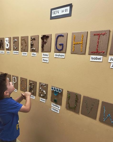 Wall Alphabet Letters, Letter Wall For Preschool, Glue Board Preschool, Preschool Alphabet Wall, Preschool Literacy Ideas, Literacy Wall Displays, Alphabet Wall Preschool, Alphabet Display Preschool, Reggio Alphabet Display