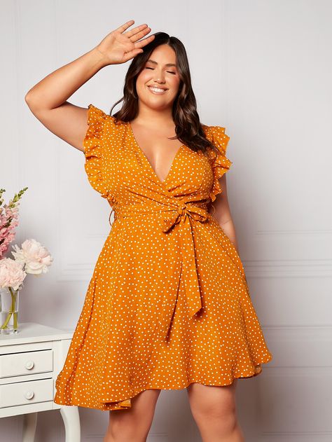 Mustard Yellow Boho Collar Cap Sleeve Polyester Polka Dot A Line Embellished Non-Stretch Summer Plus Size Dresses Fashion, Outfits, Giyim, Robe, Style, Dame, Outfit, Dress, Vestidos