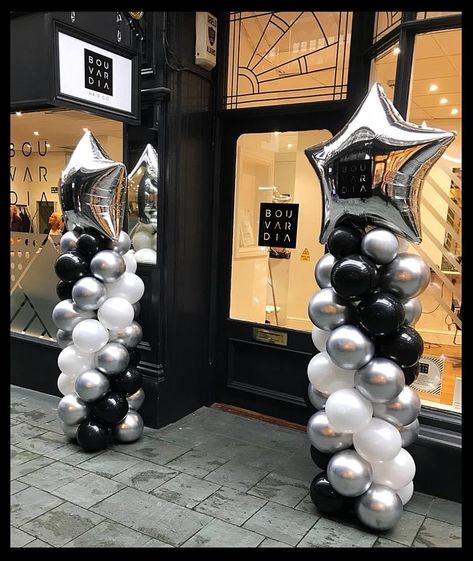 Stars Birthday Decorations, Black And Silver Balloon Columns, Silver And Black Graduation Party Ideas, Star Balloon Decorations, Graduation Balloon Columns Ideas, Black And Silver Prom Decorations, Black And Silver Party Ideas, Black And Silver Graduation Party, Silver And Black Party