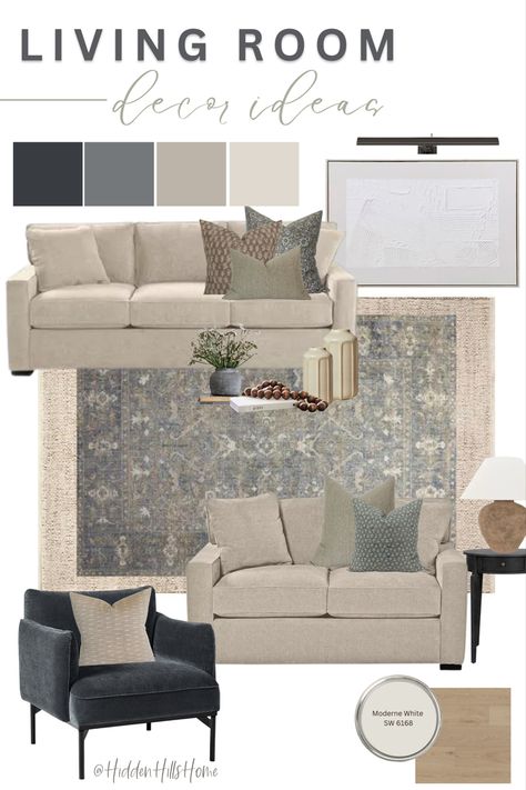Living room decor mood board with cream and muted blue tones throughout. This living room features cream sofas and light blue accent chair Home Décor, Cream Sofa Living Room Color Schemes, Living Room With Beige Couch, Grey Living Room Rug, Beige Sofa Living Room, Cream Living Room Furniture, Beige Sofa Living Room Ideas Decor, Grey And Brown Living Room, Beige Living Rooms