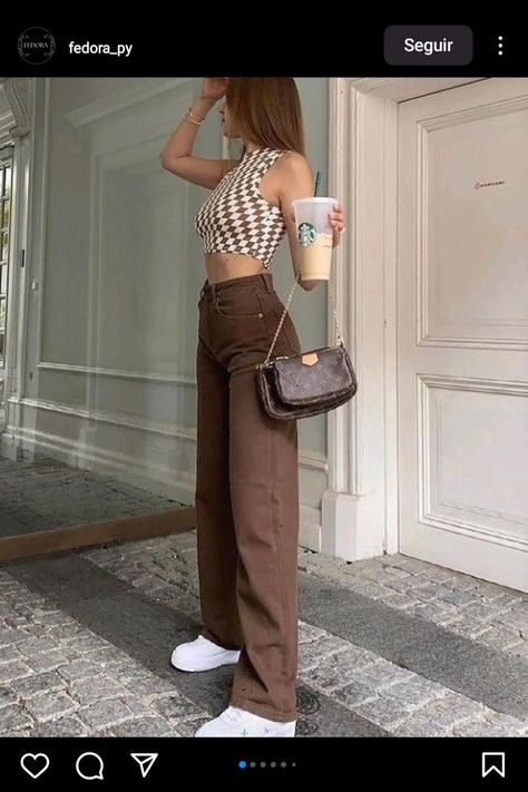 Trendy Outfits, Outfits, Trousers, Cool Pants Outfit, Brown Outfit, Brown Aesthetic Outfit, Outfit Inspo, Aesthetic Outfits, Style Inspo Summer
