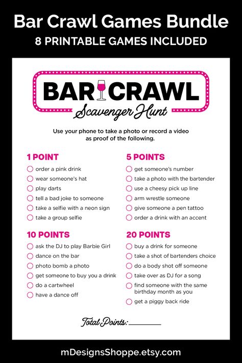 Bar Crawl printable games with black lettering and a pink wine glass in the middle of the two words and a pink and white banner around them. Hen Night Games, Drinking Games, 30th Birthday Bar Crawl, Bachelorette Scavenger Hunt, Bachelorette Party Games Bar, Bar Games, Bar Crawl, Sleepover Birthday Parties, Party Bars