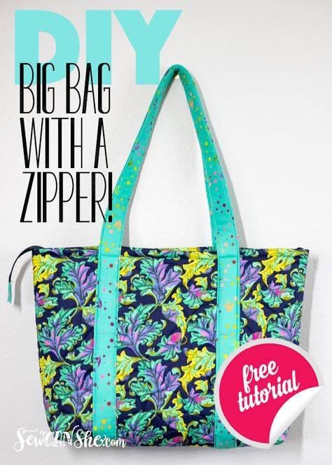 The Sew Easy Big Tote Bag - with a Zipper! Quilts, Tote Bags, Sew Ins, Patchwork, Zippered Tote Bag Tutorial, Zippered Tote Bag Pattern, Zippered Tote Bag, Tote Purse, Tote Pattern