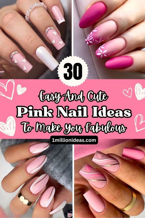 30 Easy And Cute Pink Nail Ideas To Make You Fabulous Pink Sparkly Nails, Short Pink Nails, Blush Pink Nails, Pink Tip Nails, Bright Pink Nails, Sns Nails Colors, Cute Pink Nails, Pink Manicure, Pink Acrylic Nails