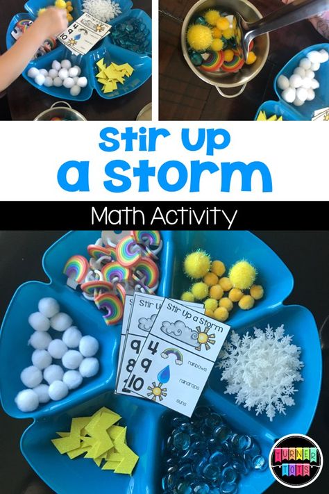 Stir Up a Storm Counting Activity | Stir Up the perfect storm in a pot by adding clouds, rainbows, suns, raindrops, snowflakes, and lightning bolts. | Weather Preschool Theme Pre K, Montessori, Activities For Kids, Pandas, Weather Activities For Kids, Weather Activities Preschool, Weather Activities, Weather Lessons, Preschool Weather