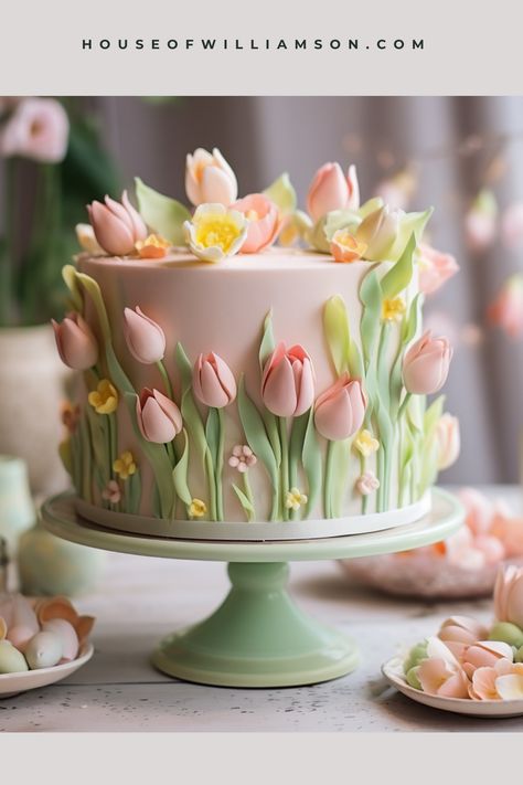 Looking for a beautiful idea for your next cake? Check out this Easter-themed masterpiece! It's full of pretty pastel colors and has edible tulips made from sugar and fondant. Perfect for making your Easter brunch extra pretty! Flower Cake Designs, Flori Fondant, Easter Cake Decorating, Tulip Cake, Flower Cake Design, Patisserie Fine, Spring Cake, Easter Cake, Cake Decorating Designs
