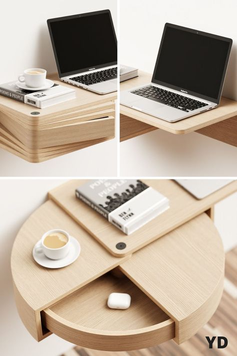 This Revolver desk concept is one such example. In its “closed” state, it looks nothing more than a wall-mounted floating desk with a rather bulky drawer on the left side. It actually looks quite attractive in itself with its minimalist wooden design. The real interesting part is when you swivel the “drawers,” extending the very space of the desk itself. Design, Deko, Case, Wall, Interieur, Wall Computer, Arquitetura, Desk Design, Smart Furniture