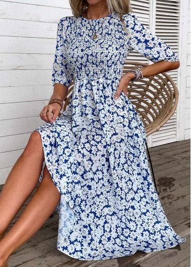 Blue Smocked Ditsy Floral Print Half Sleeve Dress | modlily.com - USD 32.98
