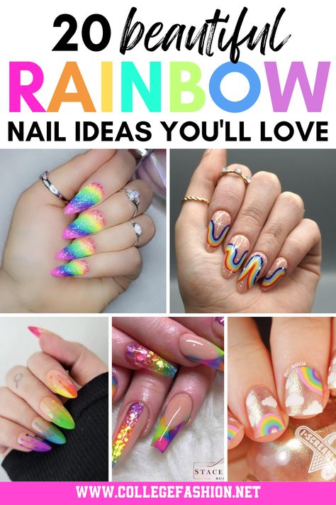 Explore 20 beautiful rainbow nail ideas for the ultimate style statement! From pastel to neon, find easy nail tutorials for your unique style. Nail Tutorials, Ideas, Rainbow Nails Design, Rainbow Nail Art, Rainbow Nail Art Designs, Nails For Kids, Bow Nail Designs, Creative Nails, Pink Nail Designs