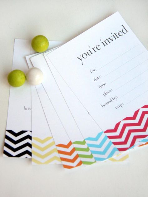 Are you set on a particular color scheme for your party? Kim Stoegbauer of The TomKat Studio created a simple chevron-patterned invitation in a variety of vibrant hues, including yellow, orange, turquoise and pink. You can even promote a sophisticated black-and-white cocktail party by sending out the invite patterned in black. Invitations, Baby Showers, Diy, Free Printable Party Invitations, Free Birthday Invitations, Birthday Freebies, Birthday Invitation Templates, Free Printable Birthday Invitations, Birthday Invitations