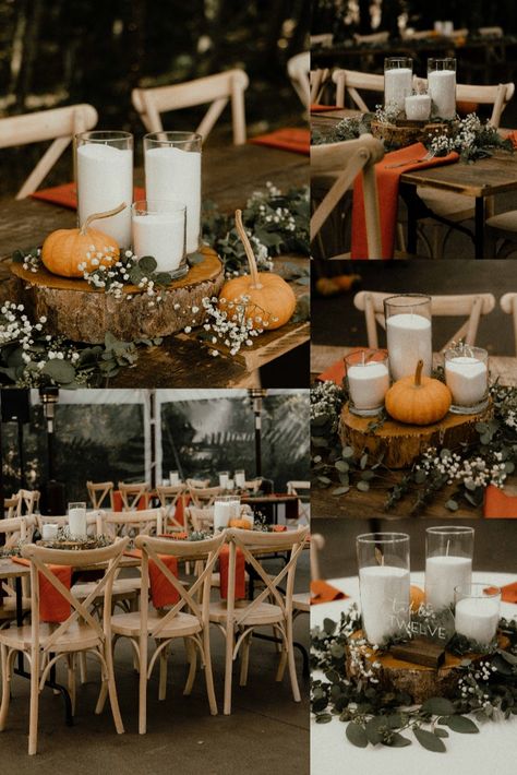 Fall-inspired wedding table setting in Colorado with pumpkins and autumn accents, ideal for a rustic and romantic reception Fall Wedding Tables, Fall Wedding Table Decor, Fall Wedding Table Settings, Fall Wedding Tablescapes, Fall Wedding Reception Decorations, Fall Wedding Decorations, Rustic Fall Wedding, Pumpkin Wedding Table Decor, Fall Barn Wedding