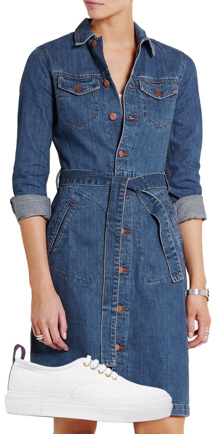 One of our favorite pairs of chic sneakers paired with a denim dress- perfect for spring Jeans, Denim Shirt Dress, Denim Shirt, Denim Top, Denim Dress, Flared Denim Dress, Shirt Dress, Denim Dress Fall, Madewell Denim