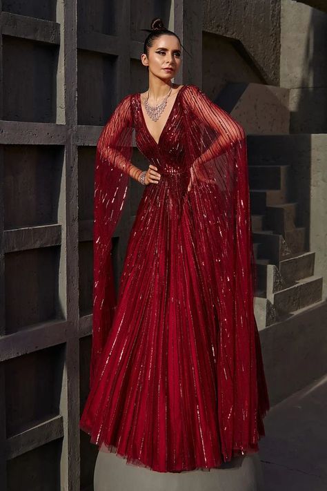 Wine Red Butterfly Net Sequin Embellished Gown with Attached Cape Sleeves Wedding Reception Dress Indian, Engagement Gown, Gown Designs, Engagement Dress For Bride, Baju Kahwin, Reception Gowns, Engagement Gowns, Sangeet Outfit, Net Gowns