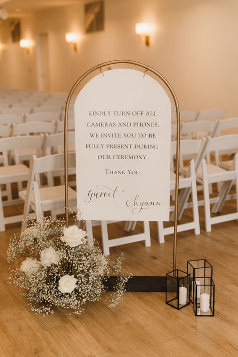 Arched sign and sign holder adding the perfect modern touch to your unplugged sign. Unplugged Wedding Sign, Signing Table Wedding, Signing Table Wedding Ceremony, Ceremony Signs, Wedding Welcome Signs, Wedding Bar Sign, Unplugged Wedding, Wedding Ceremony Signs, Wedding Table Signs