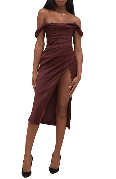 HOUSE OF CB Rhoda Off the Shoulder Corset Dress available at #Nordstrom Wedding Dress, Outfits, High Slit Dress, Satin Midi Dress, Midi Cocktail Dress, Off Shoulder Dress, Satin Cocktail Dress, Corset Dress, Shoulder Dress