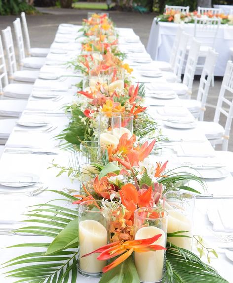 Grace Flowers Hawaii on Instagram: “Throwback Tuesday (they both start with T, it works ;)) Lush orange long and low tropical nouveau designs. @maunakeahotel . .…” Tropical Wedding Flowers, Tropical Wedding Centerpieces, Tropical Wedding Theme, Tropical Wedding Decor, Tropical Wedding, Tropical Centerpieces, Tropical Wedding Inspiration, Tropical Wedding Reception, Hawaiian Wedding Flowers