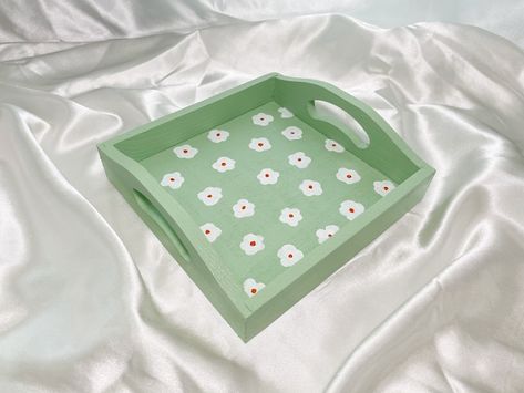 "See more items from my Danish Pastel Collection: https://etsy.me/3lAE93O See all my items: https://www.etsy.com/shop/sugarpillstudios/ Handcrafted wooden tray. Painted by hand with acrylic & tempura paints. Then it is air-dried and glazed with an acrylic finish to lock in color and seal. Each piece is one of a kind. No piece is perfect and there may be small imperfections. Approximate size: 6\"L x6\" W x 1.75\"H *PLEASE NOTE* Every piece is made to order by hand. Products may differ slightly i Diy, Decoration, Coffee Table Tray, Tray Decor, Tray Design, Wooden Tray Decor, Tray, Wooden Tray, Catchall Tray