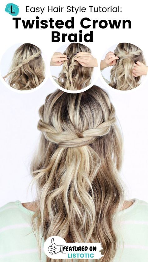 Easy hair style tutorial for a twisted crown braid. The perfect cute hairstyle tutorial for long hair. Not only does this twisted crown braid look amazing, but it takes less than 5 minutes to recreate! Furthermore, all you need for this hairstyle is some bobby pins. The perfect look for any occasion! See the full list of featured hairstyles and more idea lists over on Listotic! #hair #tutorial #boho Braided Hairstyles, Bobby Pins, Braided Hairstyles Easy, Easy Hairstyles For Long Hair, Braids For Long Hair, Crown Braid, Hairstyles For Thin Hair, Straight Hairstyles, Easy Hair