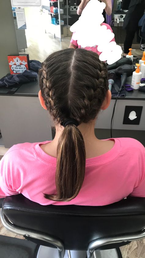Two dutch braids that go into a low ponytail. Inspiration, Gaya Rambut, Hairdo, Peinados, Pony Hairstyles, Boxer Braids Hairstyles, Soccer Hair, Dance Hairstyles, Ball Hairstyles