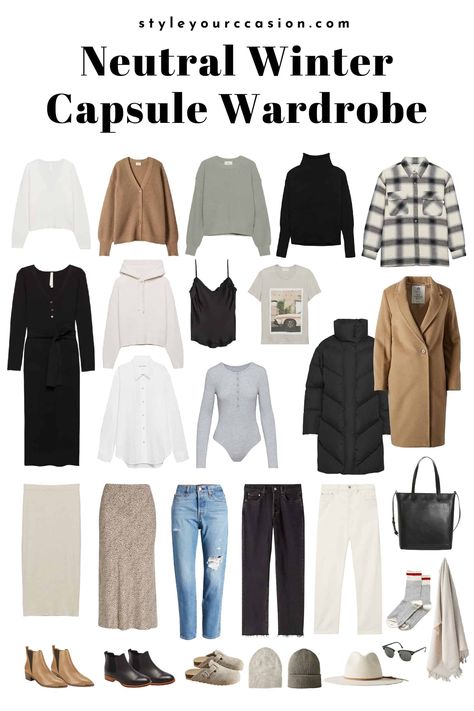 Looking for winter outfits? These neutral, minimal, effortless winter outfit ideas have an incredible aesthetic. With cozy layers for cold weather, you can wear these looks from day to night, at home, to work, or anywhere in the middle. Your 2022 winter capsule wardrobe edition is here! Casual, Outfits, Winter Outfits, Capsule Wardrobe, Winter Capsule Wardrobe, Fall Capsule Wardrobe, Winter Capsule, Fall Winter Outfits, Winter Outfits Women