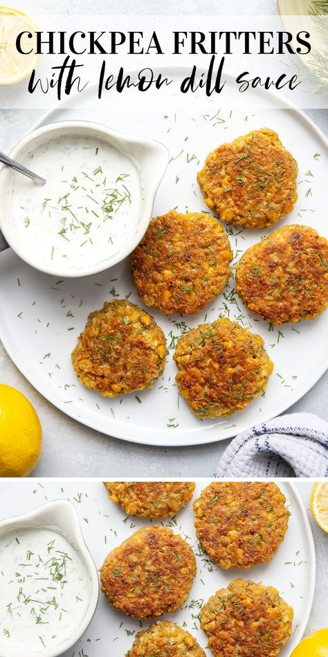 These chickpea fritters are perfectly crispy and pair incredibly well with a tangy fresh lemon dill sauce for dipping!