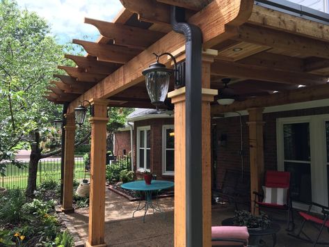 Cedar V-Joint Pergola We developed a gutter system to help this pergola deflect rain and provide full shade coverage for the customer's back patio. Decks, Pergolas, Ideas, Pergola Attached To House, Attached Pergola, Pergola Swing, Outdoor Covered Patio, Deck With Pergola, Outdoor Pergola