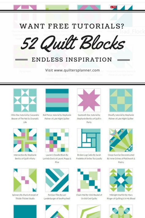 52 Free Quilt Block Tutorials from Easy to Advanced | The Quilter's Planner Quilt Blocks, Patchwork, Quilting, Quilts, Quilt Block Patterns, Free Quilt Block Patterns, Quilt Block Patterns Free, Free Quilt Tutorials, Quilt Patterns Free