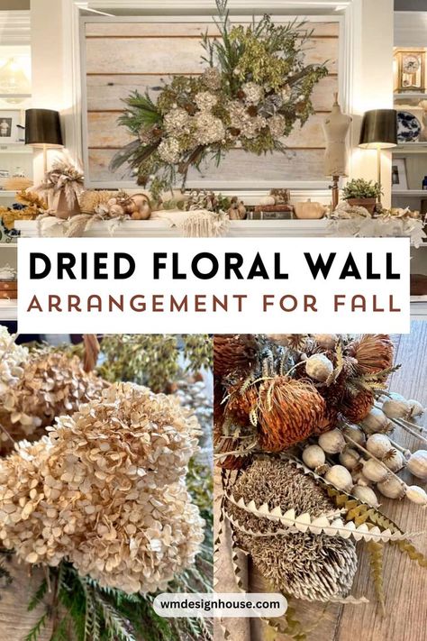 fall wall decor, fall decor, diy fall decor, fall decor ideas, diy, fall fireplace decor with fall leaves and dried flowers, fall diy floral decor for inside your home, indoor fall decor Floral, Floral Arrangements, Arrangement, Dried Flowers, Fake Flowers, Flower Arrangements Diy, Flower Wall, Dried Floral, Fall Floral