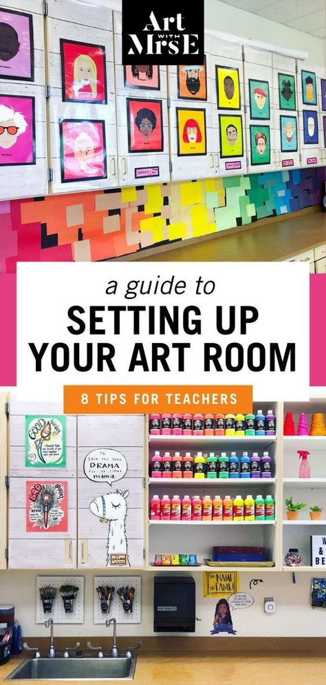 Colorful image of a student artwork display wall and a supplies organization area in an art room. Art, High School, Middle School Art, Classroom Décor, Organisation, Classroom Organisation, Classroom Design, Art Classroom Management, Elementary Art Rooms