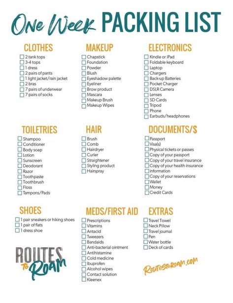 One Week Packing Checklist for a week long vacation - A printable packing list to keep you organized when you travel #packinglist #packing #travel #traveltips #organization Trips, Packing Tips, Camping, Packing Tips For Travel, Travel Packing Checklist, Packing List For Travel, Packing Checklist, What To Pack, Packing List For Vacation
