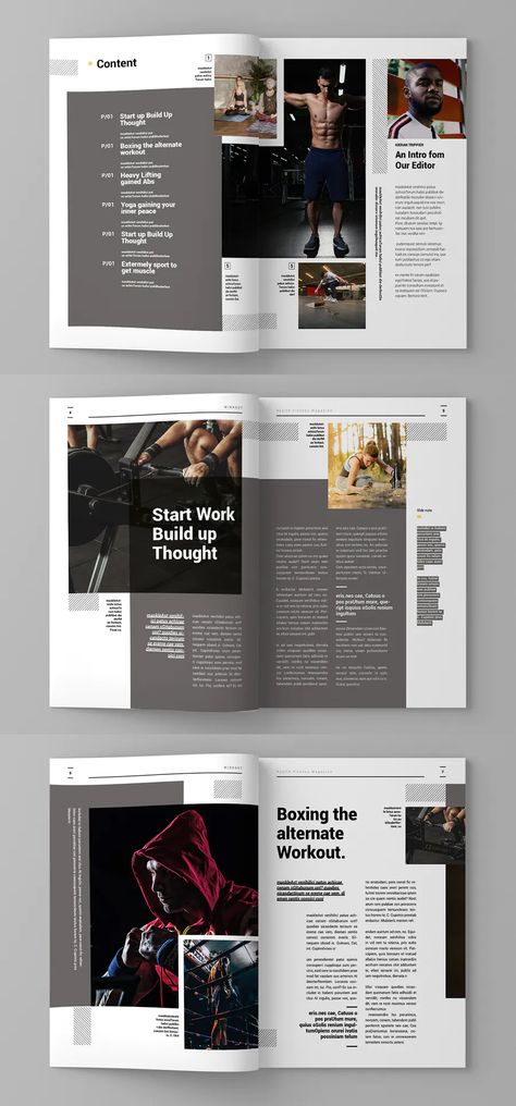 Workout Magazine Template. 15 custom pages design. A4 & US letter format paper size #magazinedesign #magazine #magazines #magazinetemplate Brochure Design, Layout, Design, Editorial, Layout Design, Brochures, Magazine Layout Design, Magazine Format, Magazine Design Inspiration