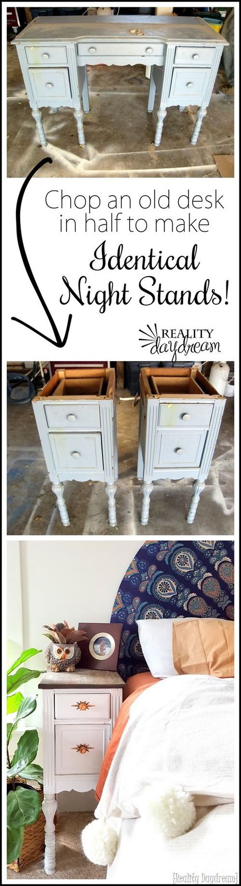 Take apart an old desk to make two unique and IDENTICAL night stands! Finally a bedside table that's the perfect height! {Reality Daydream} Furniture Makeover, Repurposed Furniture, Upcycled Furniture, Diy Furniture, Diy Furniture Makeover Ideas, Furniture Makeover Diy, Repurposed Items, Furniture Diy, Old Desks