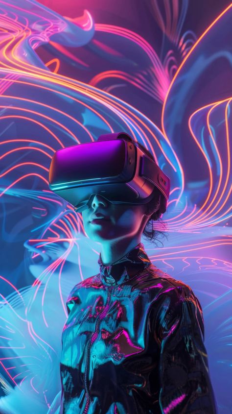 virtual reality experience, woman wearing VR headset, futuristic lighting, neon colors, augmented reality, VR gaming, 3D visualization technology, immersive technology. 

Woman, VR headset, neon lights, futuristic, virtual reality, colorful background, technology, innovation, digital, glowing, interactive experience. Calvin Klein, Neon, Headset, Virtual Reality, Futuristic, Virtual, Step, Neon Colors, Vr Helmet