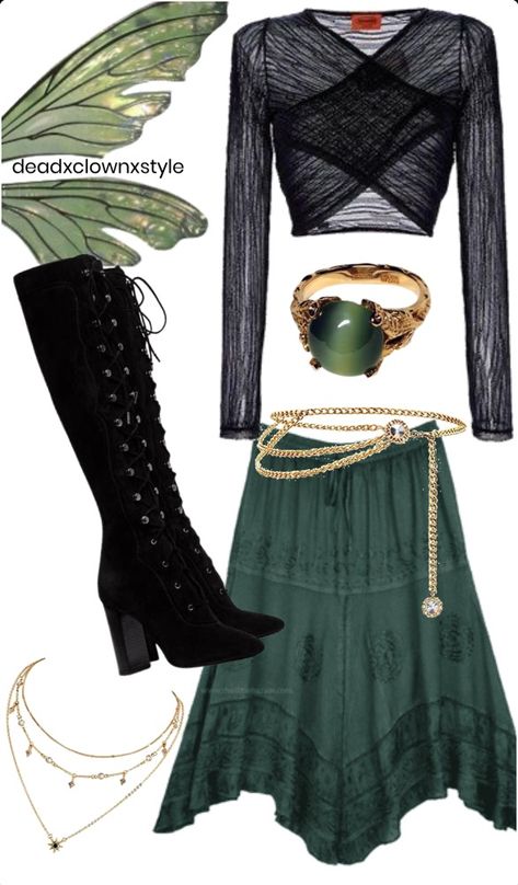 Outfit mood board featuring black mesh wrap top with long sleeves. A long, flowy green skirt. Knee high black boots with a small heel. Green fairy wings. Gold chain belt and necklace. Gold ring with green stone. Cosplay, Art, Outfits, Forest Fairy Aesthetic Clothes, Fairy Outfits, Faerie Aesthetic Clothes, Fairy Clothes, Dark Fairy Outfit, Fairy Aesthetic Clothes