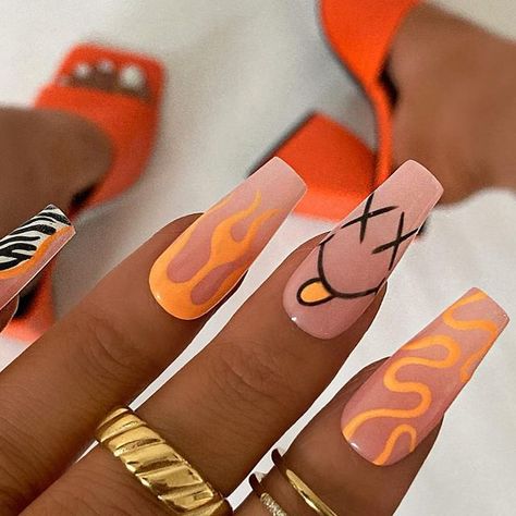 PRESS ON NAILS 🖤 on Instagram: "Funky orange festival vibes 🧡🧡 Using @lovelecente twist & shout! I’m literally obsessed with this colour for summer 🤤 Set price £27 All rings are from @bohomoon ✨ discount code CHARLOTTE✨ #nails #nailsofinstagram #nailinspo #nailinspiration #nailart #orangenails #festivalnails #pressonnails #pressonnailsuk #lovelecente #naildesign #gelnails #gelnailsdesign #nailpro" Funky Nail Art, Nail Designs, Funky Nail Designs, Nails Inspiration, Multicoloured Nails, Trendy Nails, Acrylic Nails Coffin Short, Orange Nail Designs, Nail Colors