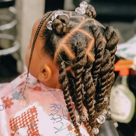 Here is another option for a cute #protectivestyle . This hairstyle has #chunky #ponytails with #twist, and two #buns at the top with… Kids Hairstyles Girls, Haar, Kids Hairstyles, Cute Toddler Hairstyles, Baby Girl Hairstyles Curly, Black Baby Girl Hairstyles, Girls Hairstyles Braids