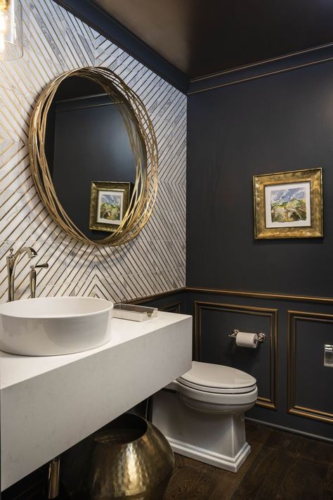 This formal powder was designed around stunning marble and gold wall tile.  A floating quartz countertop houses a vessel bowl sink, wood panel and molding’s were painted black with a gold leaf detail which carried over to the ceiling for the WOW. Decoration, Dekorasyon, Bad, Modern, Baden, Black Bathroom, Interieur, Half Bathroom, Modern Bathroom