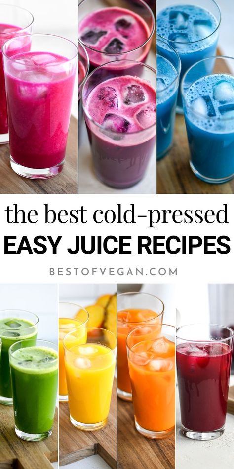 Looking for some juice inspiration? These 7 delicious, healthy, and easy juice recipes are ideal for beginners and experienced juicers alike. So grab your juicer and your favorite produce and let’s start juicing! In this article, you’ll find 7 recipes inspired by the colors of the rainbow, as well as some helpful juicing tips. #juicing #heathyrecipes #healthyjuicingrecipes #vegan #plantbased ❤️🧡💛💚💙💜💗 Juicing Recipe For Colds, Juicing Recipes Energy, Vegetables Juice Recipes, Juice For Healing After Surgery, Beetroot Juice Recipes, Best Fresh Juice Recipes, Easy Juices To Make At Home, Apple Juice Juicer Recipes, Cold Juice Recipes