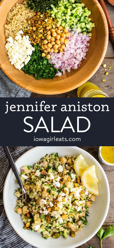 The Jennifer Aniston Salad is fresh, crunchy, and packed with protein! Enjoy this light, gluten free salad as a healthy lunch or dinner. iowagirleats.com salad recipes, salad recipes for dinner, healthy recipes, healthy lunch ideas, quinoa recipes Paleo, Lunches, Healthy Recipes, Quinoa, Pasta, Lettuce Salad Recipes, Good Salad Recipes, Best Salad Recipes, Spinach Salad Recipes