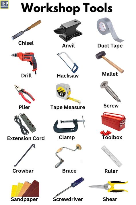 Workshop Tools | Types of Workshop Tools | Different Types of Workshop Tools | Chisel | Anvil | Duct Tape | Drill | Hacksaw | Mallet | Plier | Tape Measure | Screw | Extension Cord | Clamp | Toolbox | Crowbar | Brace | Ruler | Sandpaper | Screwdriver | Shear Art, Workshop, Ideas, Tools And Equipment, Kars, Kayu, Tips, Rak Kayu, Basic Tools