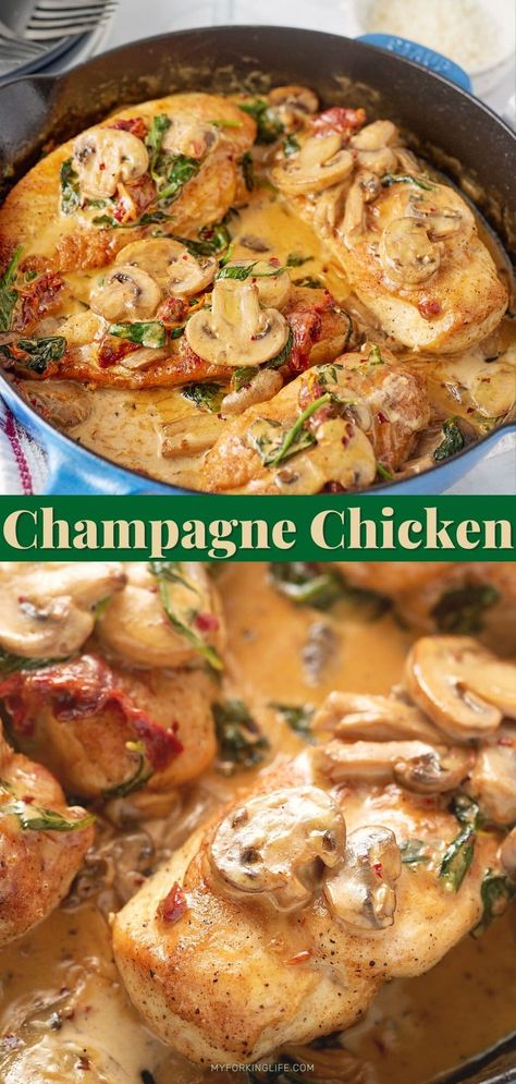 Get fancy in the easiest possible way! This creamy champagne chicken recipe is simple and easy to make all in one skillet and is so perfectly delicious! It's a great option for date night, dinner party or special occasion, and it's ready to serve in 40 minutes. Snacks, Special Occasion, Chicken Dinner Party Recipes, Champagne Chicken, Chicken Dinner Recipes, Chicken Dinner, Dinner Party Chicken, Chicken Dishes Recipes, Dinner Date Recipes