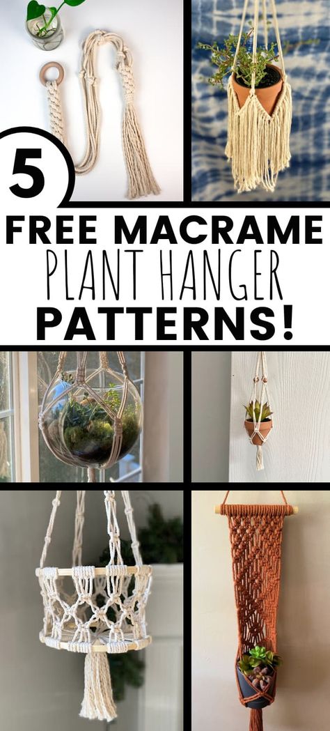 Check out these 5 awesome and free macrame plant hanger patterns! They all include a step by step written tutorial and a video walk through, and each of them is easy enough for a beginner to follow along! Add some greenery and boho style to your home decor with these free macrame projects | macrame for beginners | easy macrame plant hanger | rope plant hanger | boho decor | DIY home decor | basic macrame knots | macrame tutorials Home Décor, Crochet, Diy, Diy Macrame Plant Hanger Pattern, Macrame Plant Hanger Patterns, Diy Macrame Plant Hanger Easy, Diy Macrame Plant Hanger Tutorials, Macrame Hanger, Diy Macrame Plant Hanger