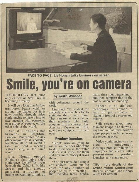 Smile, you're on camera!  An old newspaper article about Eyenetwork and Video Conferencing Resume, Newspaper Article, Newspaper Headlines, Newspaper Printing, News Articles, Old Newspaper, English Newspaper Articles, Newspapers, Vintage Newspaper