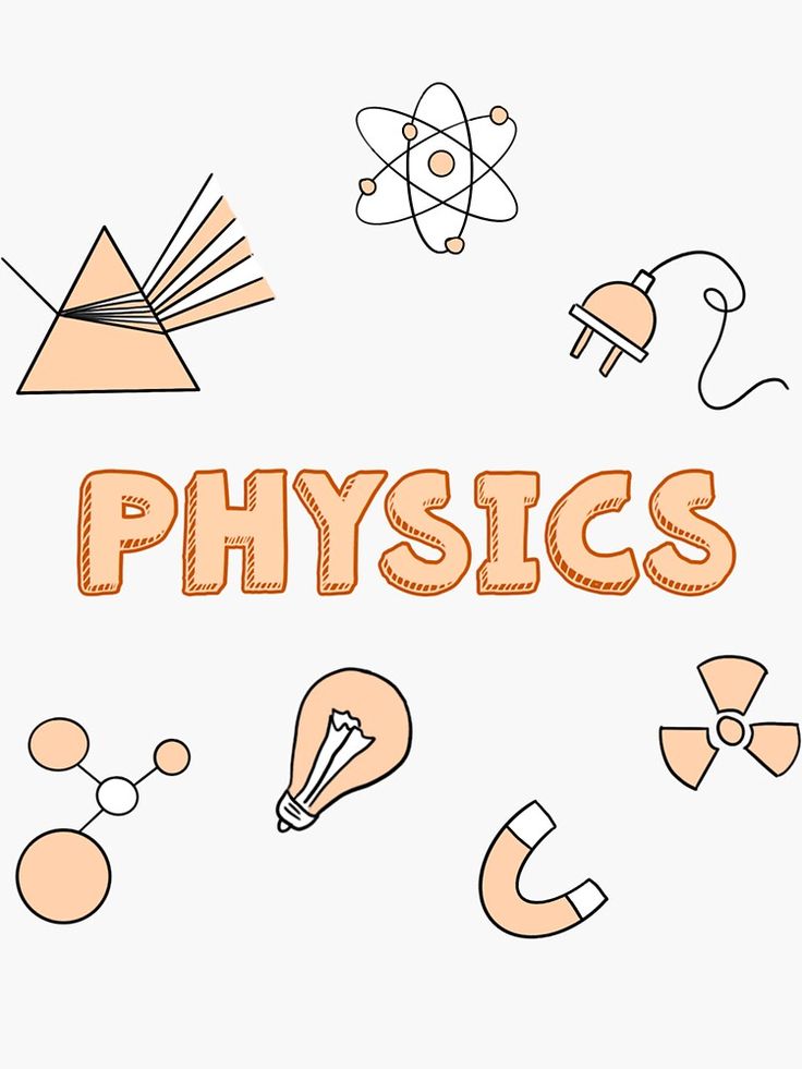 the word physics surrounded by different types of science related objects in orange and black on a white background