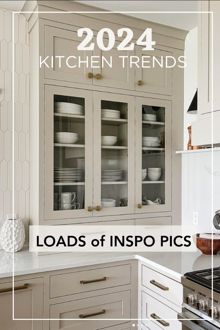 a kitchen with lots of white cabinets and gold trim on the doors, along with text overlay that reads 2020 kitchen trends loads of inspo pics